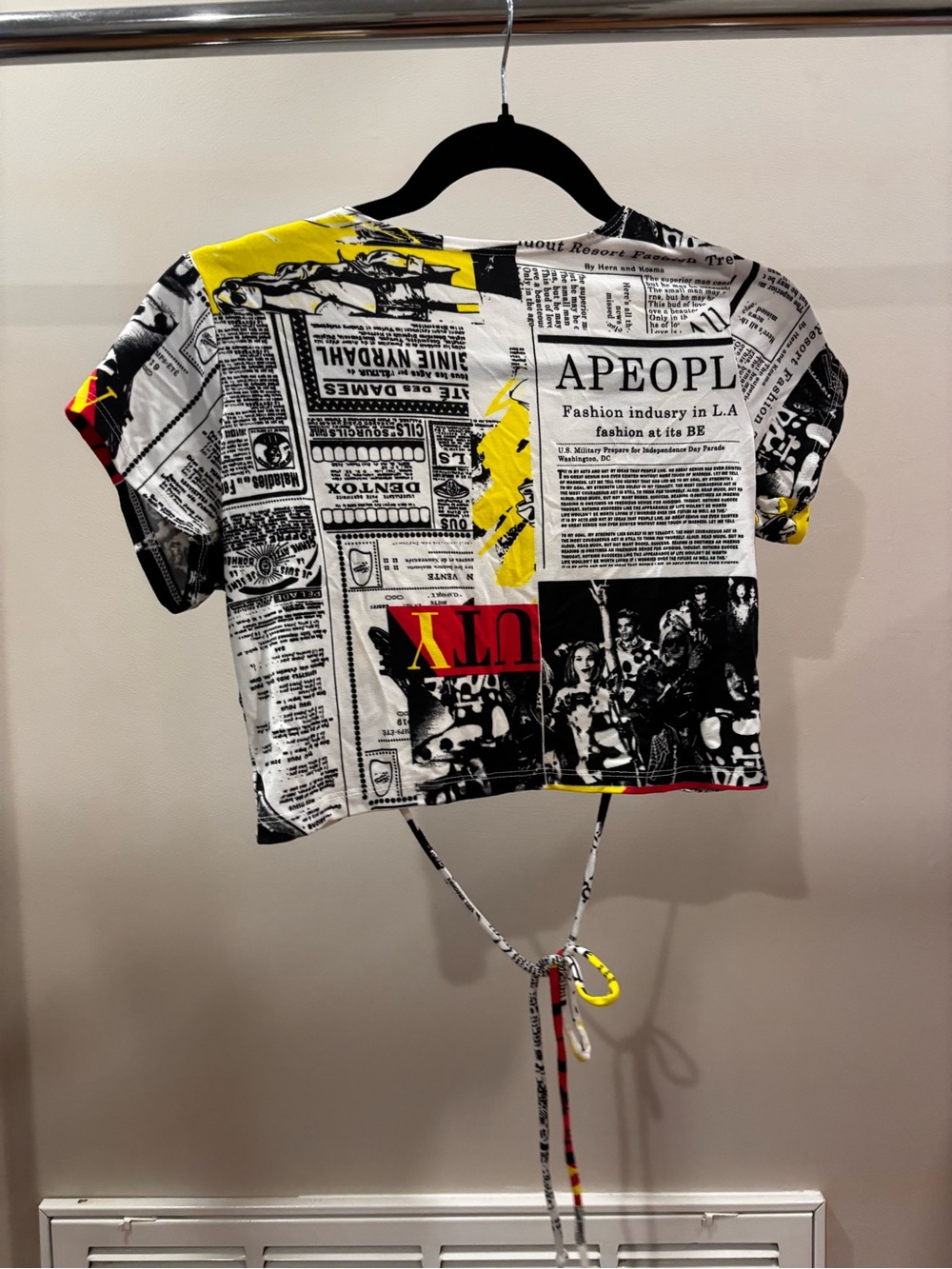 Graphic Newspaper-Print Cropped Top in Black, White & Yellow